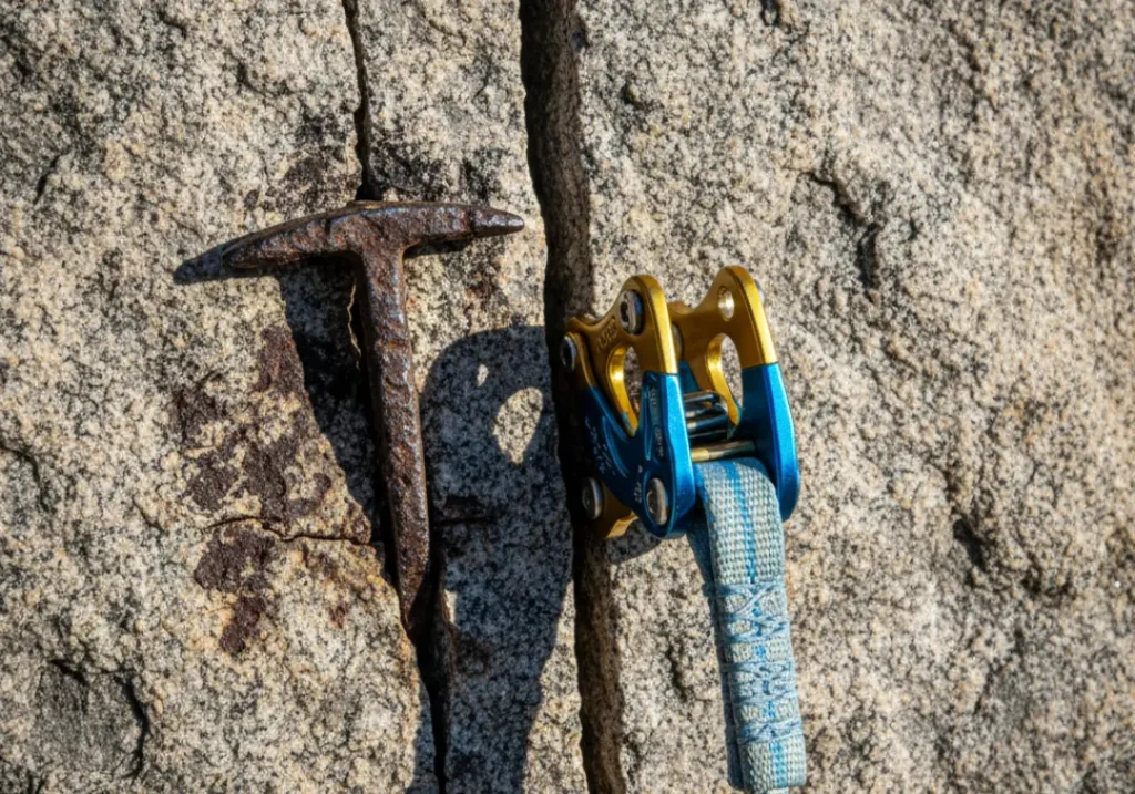 A close-up on a rock crack showing a rusty, old piton next to a modern, clean climbing cam, illustrating the evolution of climbing ethics.
