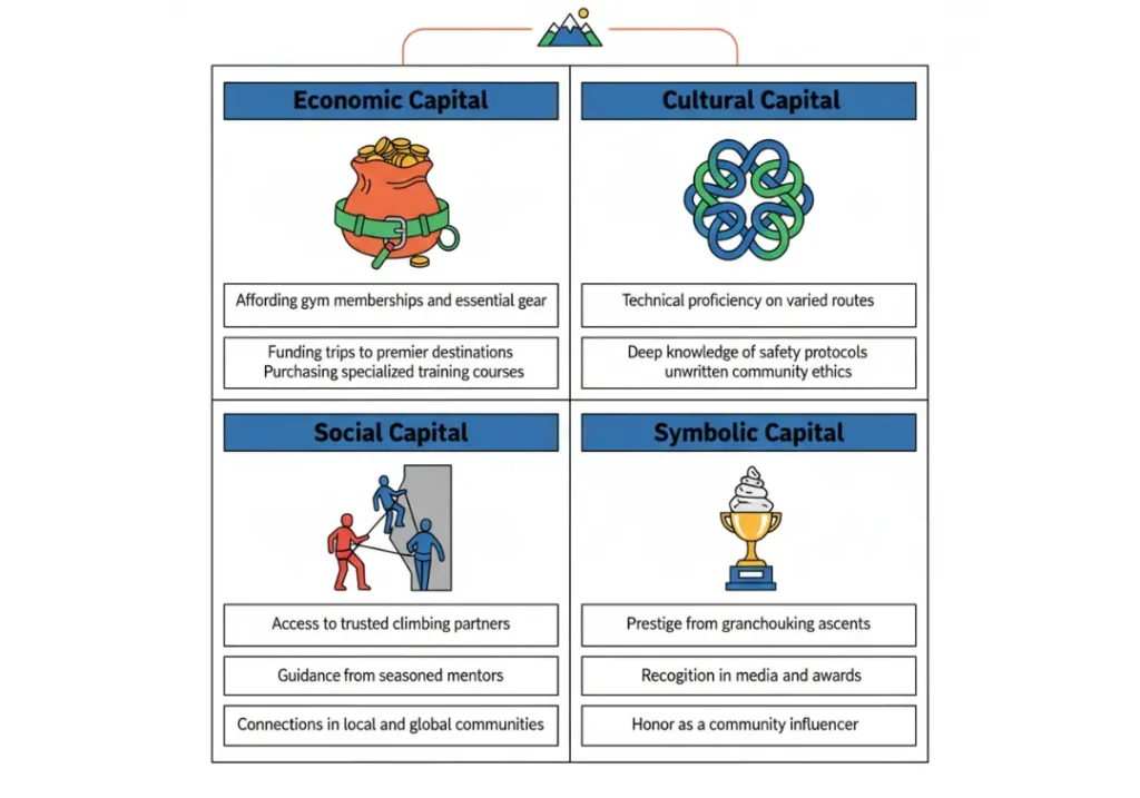 A minimalist infographic in a 2x2 grid layout depicting the four forms of capital in climbing—economic, cultural, social, and symbolic—with symbolic icons and example bullet points for each, in a flat vector style.