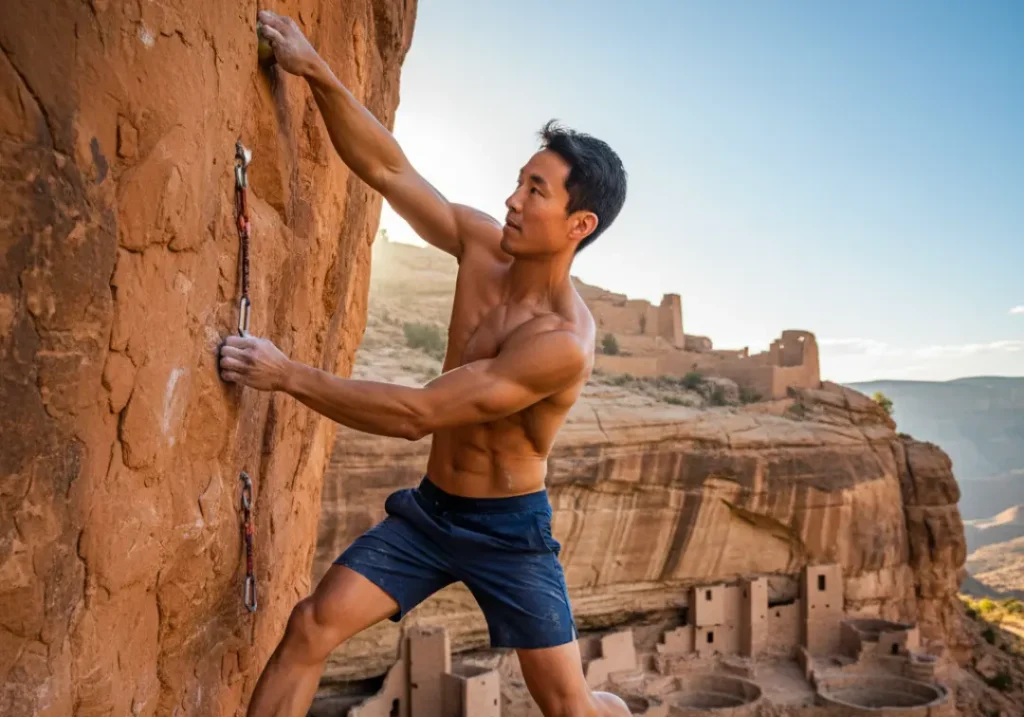 A muscular male climber is seen on a modern route, with ancient cliff dwellings visible in the canyon background, symbolizing the evolution of climbing.