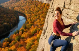 Gunks Climbing Guide: Pro Services & Guidebooks Compared A beautiful female climber with an athletic build smiling on a vast cliff face in the Gunks during autumn.