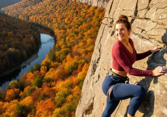 gunks-climbing-guide-pro-services-and-guidebooks-compared A beautiful female climber with an athletic build smiling on a vast cliff face in the Gunks during autumn.