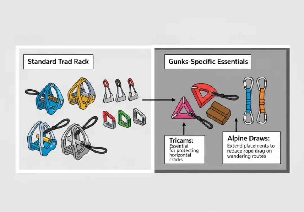 An infographic comparing a standard trad climbing rack to Gunks-specific essentials. It highlights the use of Tricams for horizontal cracks and alpine draws for reducing rope drag.