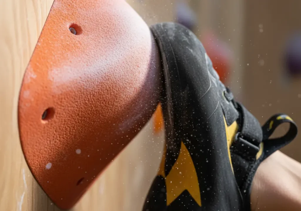 A close-up shot of a climbing shoe's heel locked securely onto a gym hold, illustrating the biomechanics of an effective heel hook.