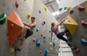 The Definitive Guide: Heel Hook vs. Toe Hook Mechanics A man and woman in their late 20s demonstrating a heel hook and a toe hook side-by-side on an indoor bouldering wall.