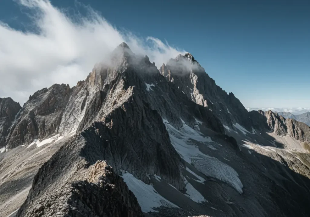 A jagged mountain ridge with wispy clouds against a deep blue sky, conveying a harsh, high-altitude environment.