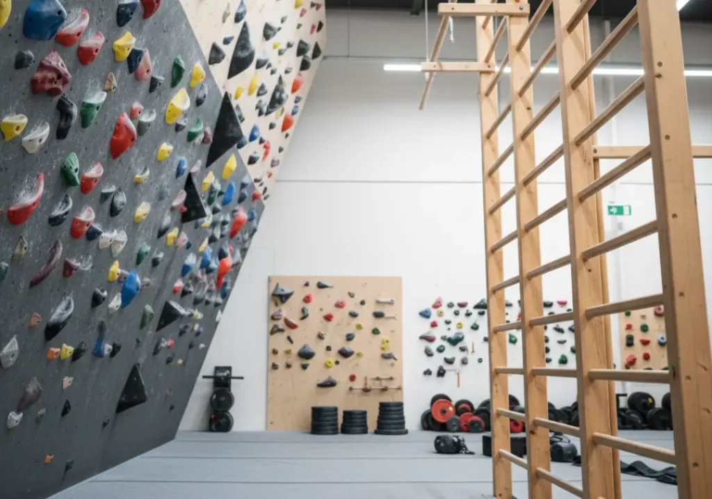 A wide view of a muscular male climber training on a campus board in a well-equipped climbing gym.