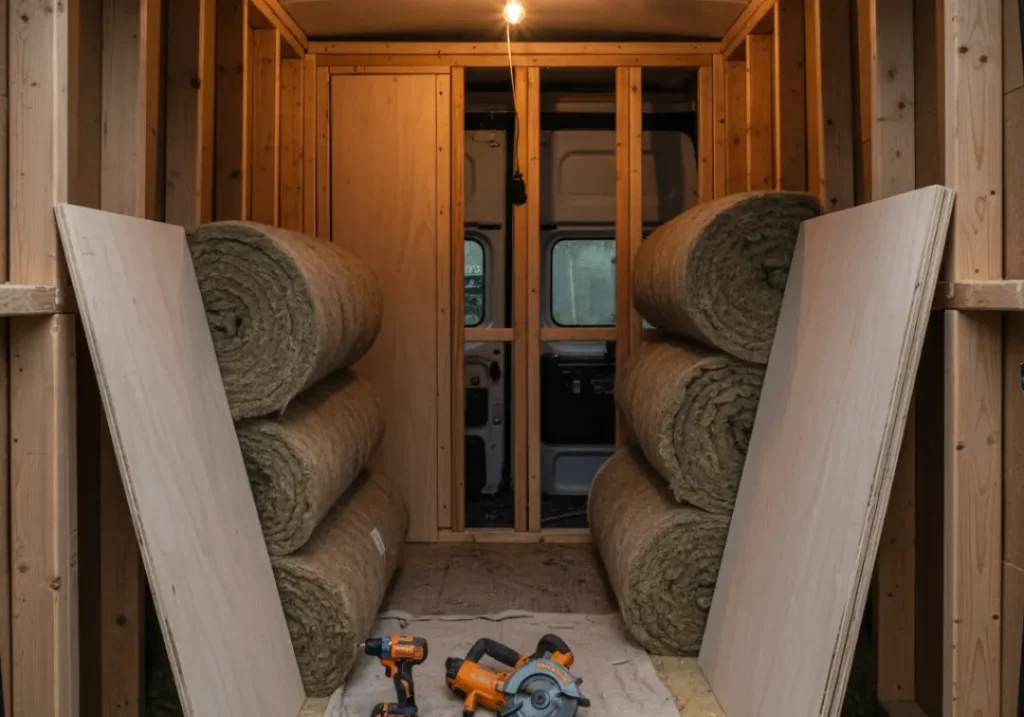 The interior of a van under construction, showing insulation, wood panels, and tools, representing the foundation of a van build.