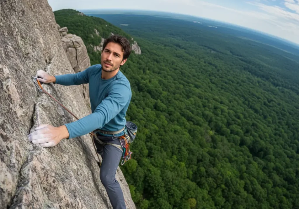 A fit male climber executing a difficult and exposed traverse high on a cliff face in the Gunks, demonstrating mastery.
