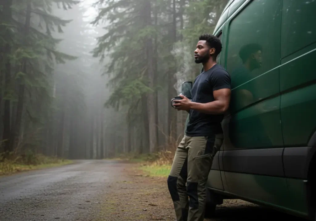 A male climber enjoys a cup of coffee next to his van in a misty, peaceful forest, embodying the nomadic lifestyle.