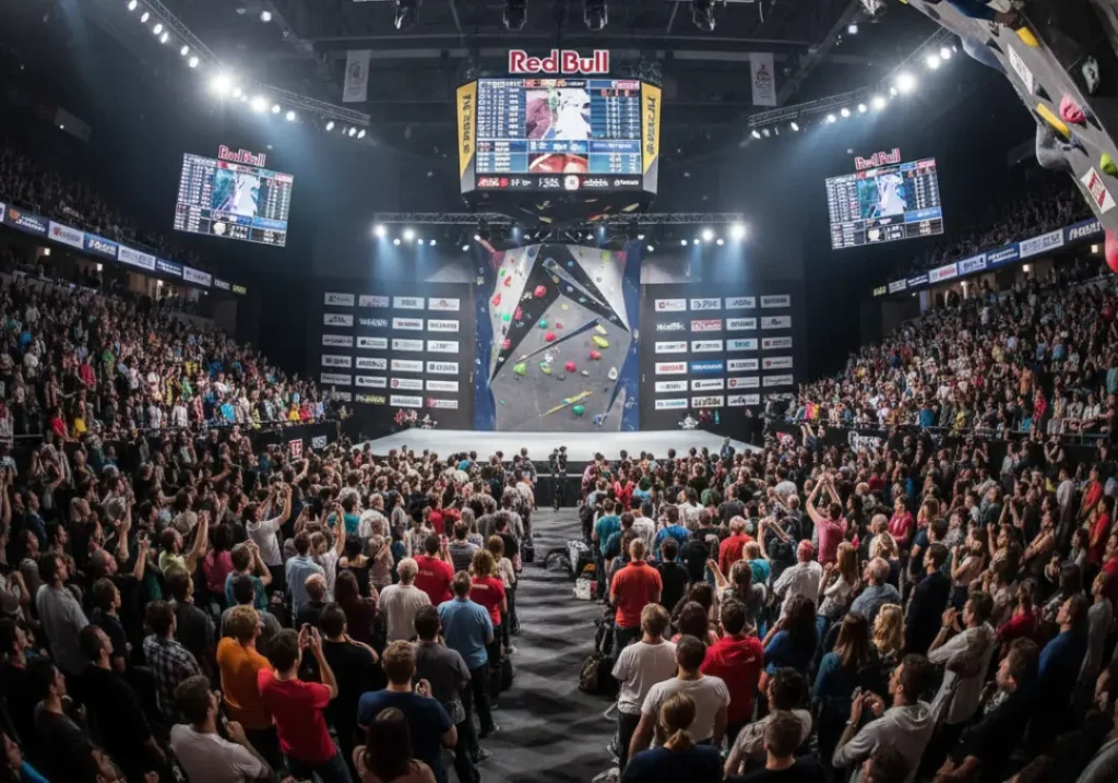 A female athlete with an ideal physique competes on a large wall in a packed arena during a professional climbing competition.