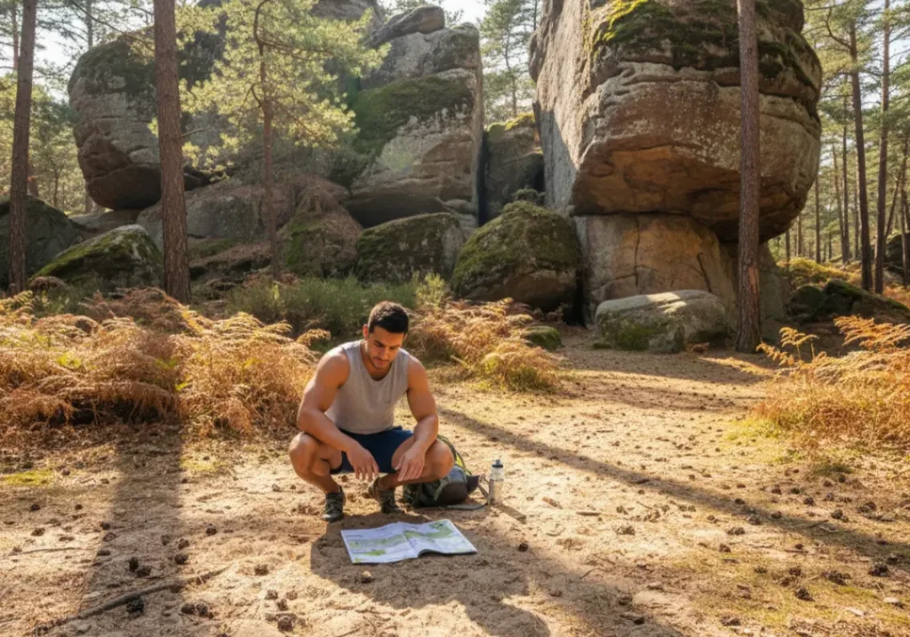 A handsome male climber plans his route with a guidebook on the sandy forest floor in Fontainebleau.