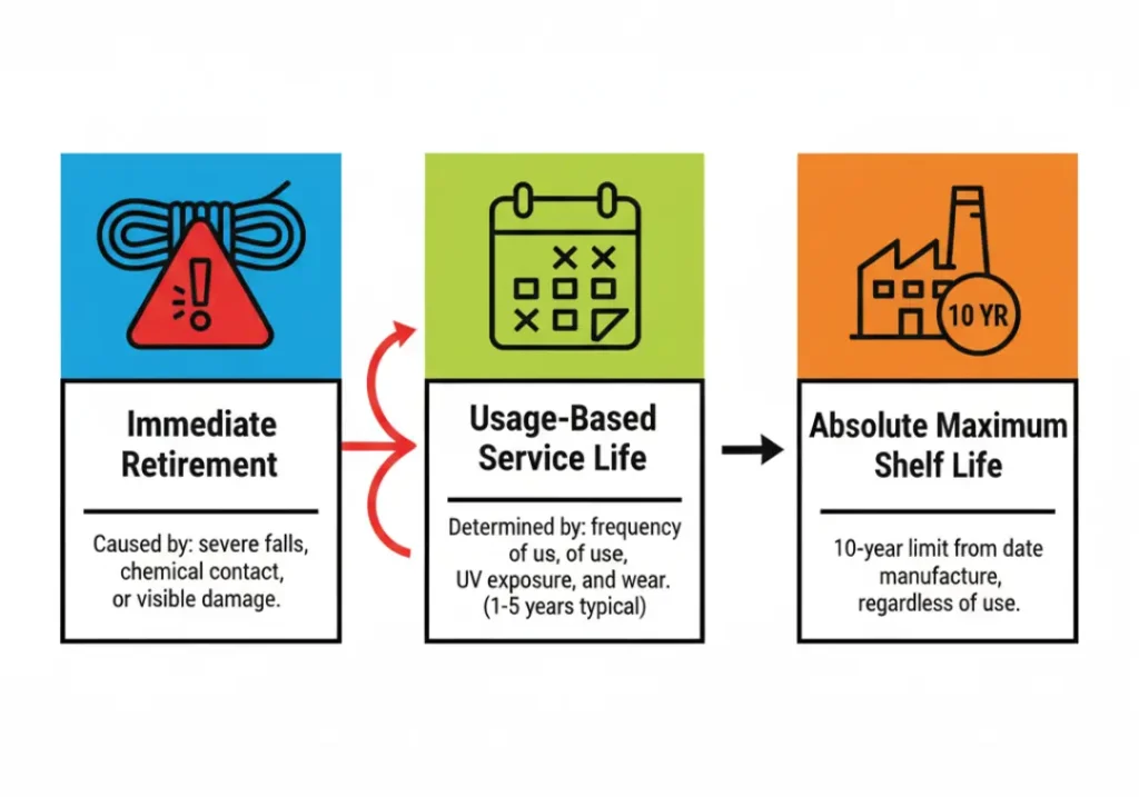 An infographic showing the lifespan of climbing gear in three stages: Immediate Retirement for severe damage, a variable Usage-Based Service Life, and a final 10-year Absolute Maximum Shelf Life from the date of manufacture.