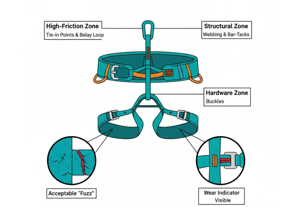 An infographic diagram showing the critical wear zones on a climbing harness. Callouts point to the tie-in points, belay loop, webbing, bar-tacks, and buckles. Insets show the difference between acceptable fuzz and dangerous fraying, and a visible wear indicator.