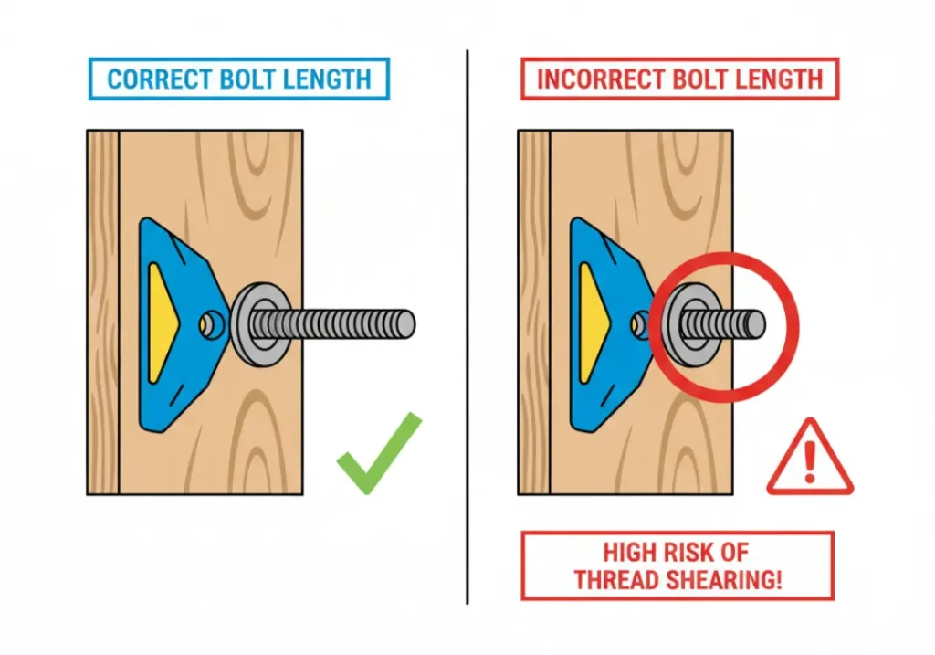 An infographic diagram comparing correct and incorrect bolt length for climbing holds. The "Correct" panel shows a bolt fully engaging a T-nut. The "Incorrect" panel shows a short bolt barely engaging the threads, with a warning about the high risk of shearing.