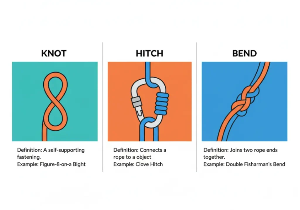 An infographic comparing climbing ropework terms. The first panel defines a knot as a self-supporting fastening like a Figure-8. The second defines a hitch as connecting a rope to an object, like a Clove Hitch. The third defines a bend as joining two ropes, like a Double Fisherman's Bend.