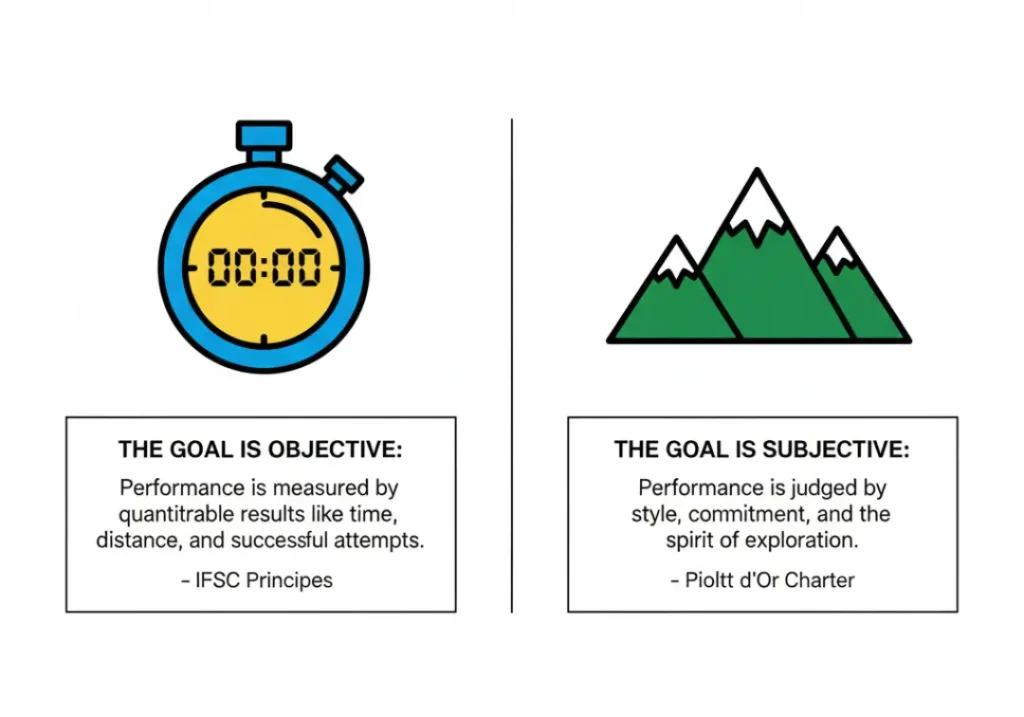 A side-by-side infographic comparing the values of sport climbing and traditional climbing. The left side has a stopwatch icon and a quote about objective results. The right side has a mountain icon and a quote about the spirit of exploration.