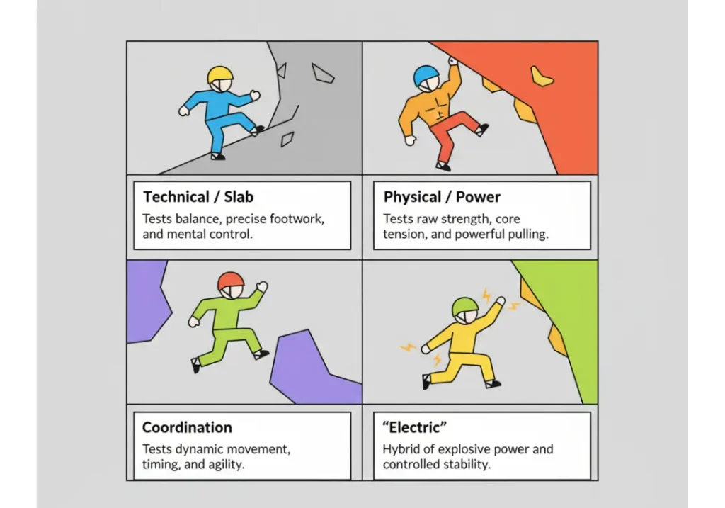 A 4-quadrant infographic explaining the modern bouldering archetypes: Technical/Slab showing balance, Physical/Power showing strength, Coordination showing a dynamic jump, and Electric showing a hybrid power move.