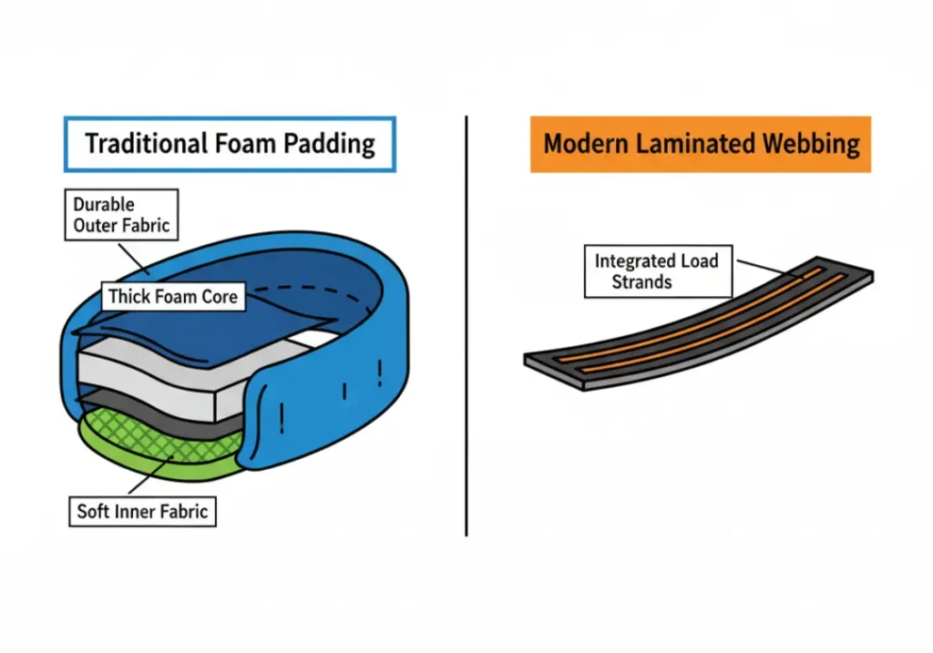An infographic comparing two types of climbing harness construction. The left panel shows a cross-section of traditional foam padding with a thick foam layer. The right panel shows modern laminated webbing, a thin material with integrated structural threads.