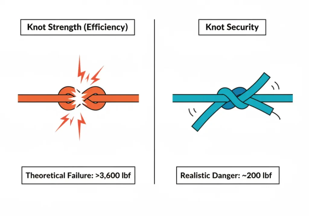 An infographic comparing knot strength and knot security. The left panel shows a knot failing under a theoretical load of over 3,600 lbf. The right panel shows a knot coming undone under a realistic, light load of around 200 lbf, highlighting the more common danger.