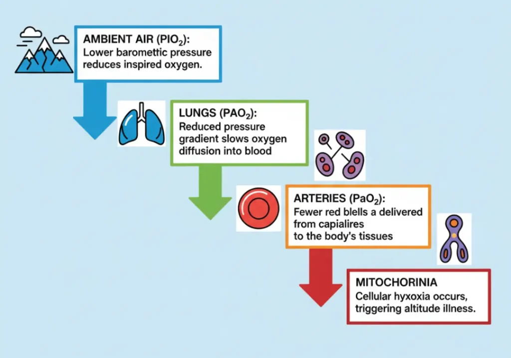 A flowchart infographic explaining the oxygen transport cascade at high altitude, showing the decreasing partial pressure of oxygen from the air, through the lungs and arteries, to the tissues and mitochondria, leading to cellular hypoxia.