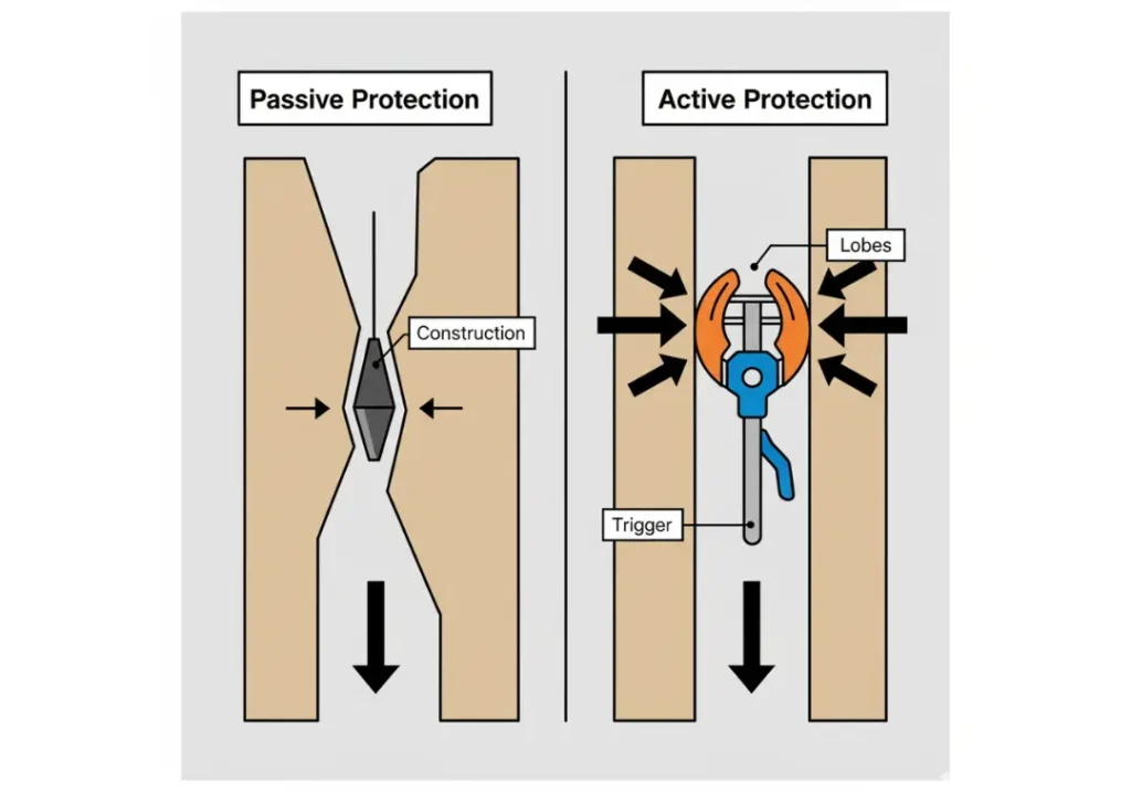 An infographic comparing passive and active climbing protection. The left panel shows a passive nut wedged in a rock constriction. The right panel shows an active cam using its expanding lobes to grip a parallel-sided crack.