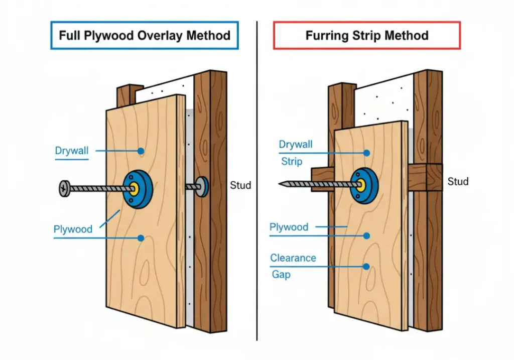 An infographic comparing two safe methods for installing a climbing wall over drywall. The left panel shows the Full Plywood Overlay method, and the right panel shows the Furring Strip method, highlighting the different layering and the clearance gap.