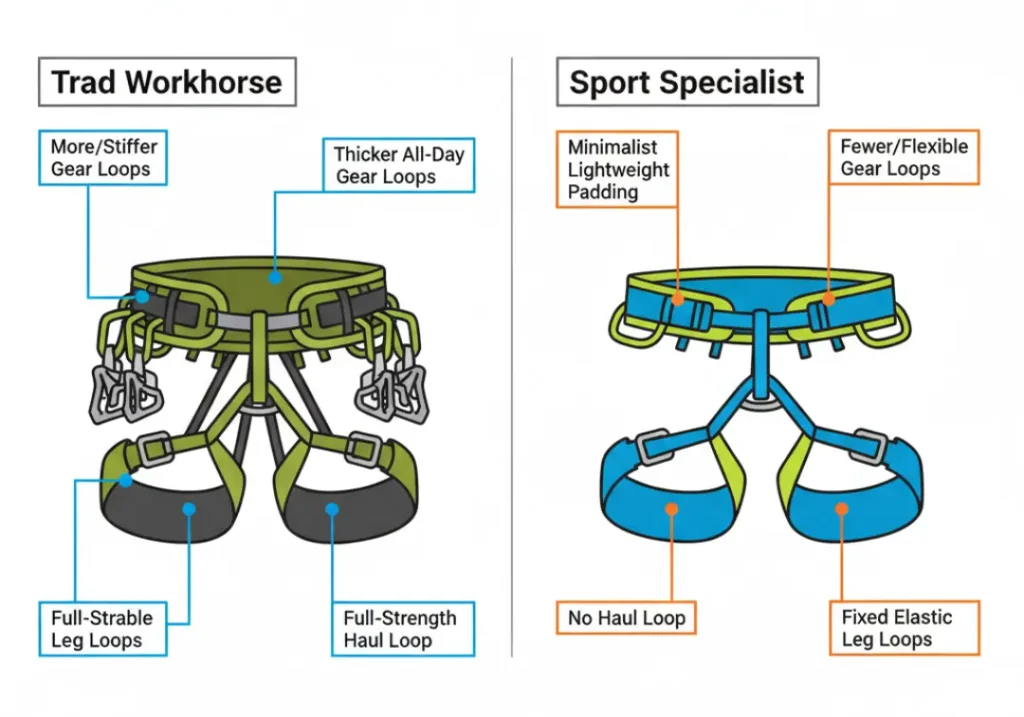 An infographic comparing a trad climbing harness and a sport climbing harness. The trad harness shows thicker padding, more gear loops, a haul loop, and adjustable legs. The sport harness shows minimal padding, fewer loops, no haul loop, and fixed legs.