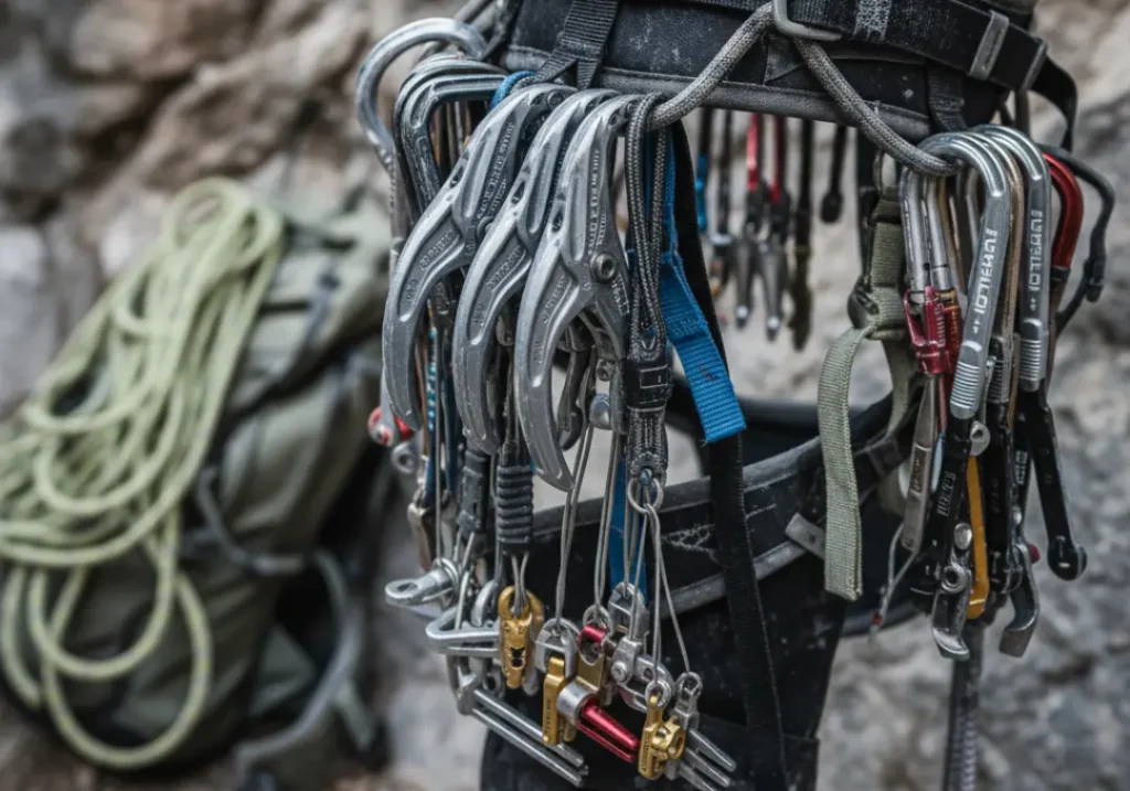 A climbing harness loaded with an expanded trad rack, clearly showing doubles of a popular cam size and other specialized gear.