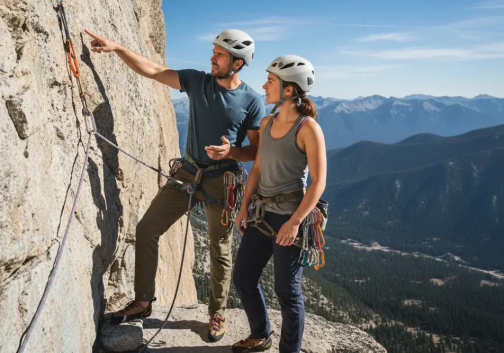 A male and female climber in full gear communicating on a high mountain ledge during a multi-pitch climb.