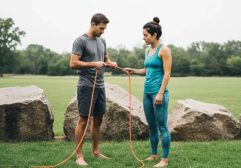 A male climber teaches a female climber how to tie a specific knot using a climbing rope in an outdoor practice area.