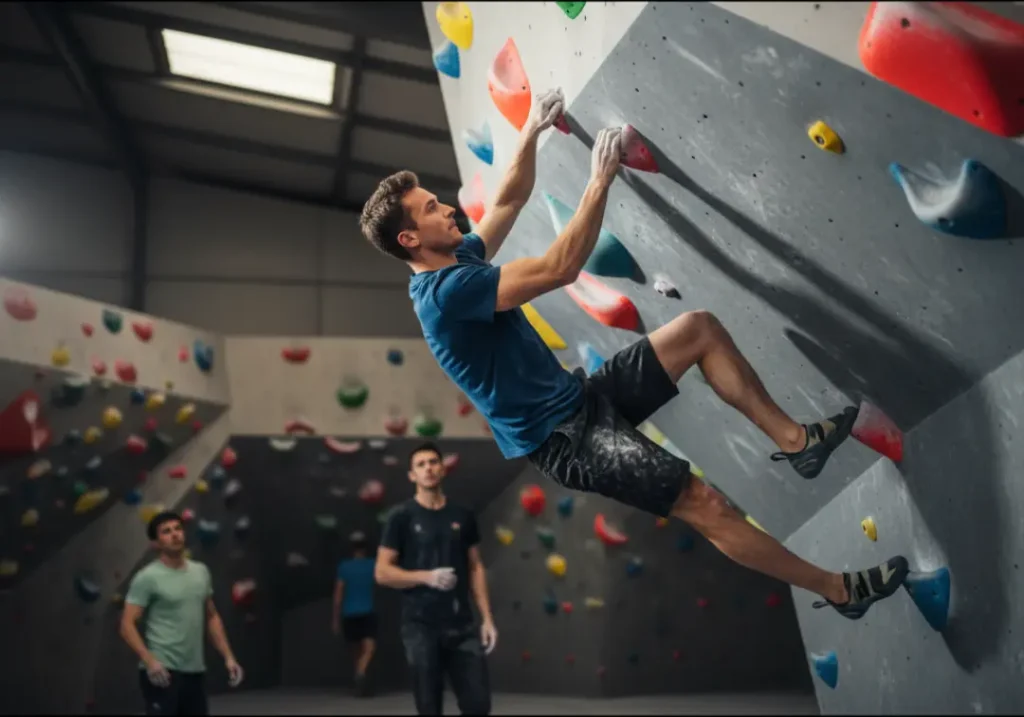 A focused male climber in his late 20s demonstrates a technical drop-knee move, representing mastery of V5-level movement and mindset.