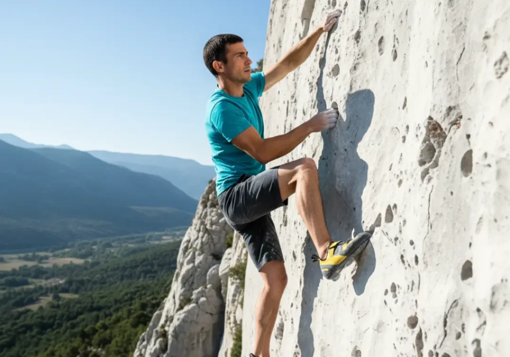 A wide, full-body view of an athletic male climber in his late 20s ascending a steep limestone cliff, demonstrating how specialized shoe rubber performs on that rock type.