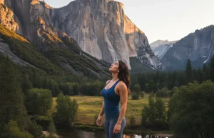 Nose vs Salathe Wall: A Data-Backed El Cap Analysis A female climber stands in El Capitan Meadow, looking up at the massive granite wall of El Capitan in Yosemite.