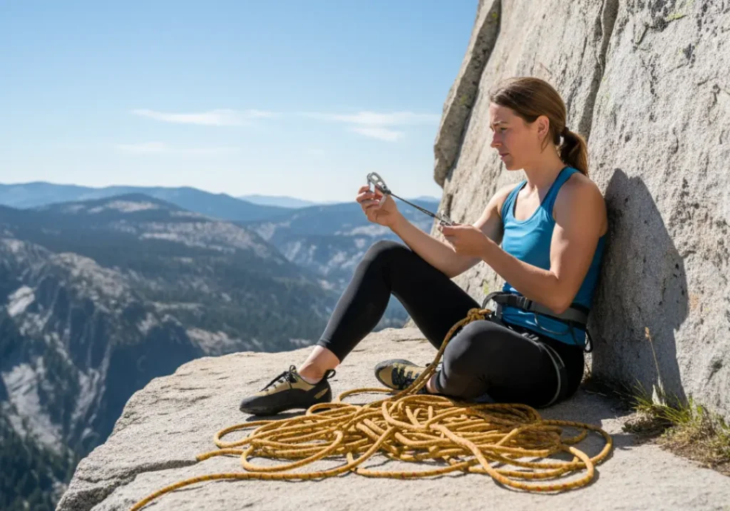 A female climber sits on a rock ledge, thoughtfully inspecting a piece of trad climbing gear in her hands.