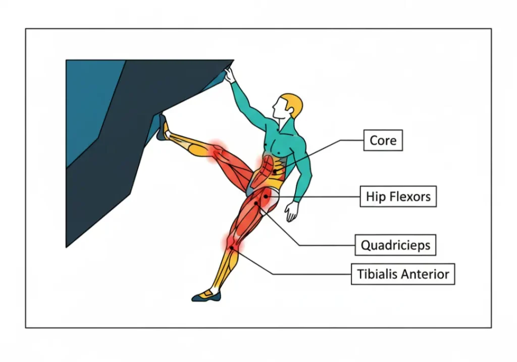 Anatomical diagram of a rock climber executing a toe hook. The image highlights the engaged anterior chain muscles: Core, Hip Flexors, Quadriceps, and Tibialis Anterior, with each group clearly labeled.