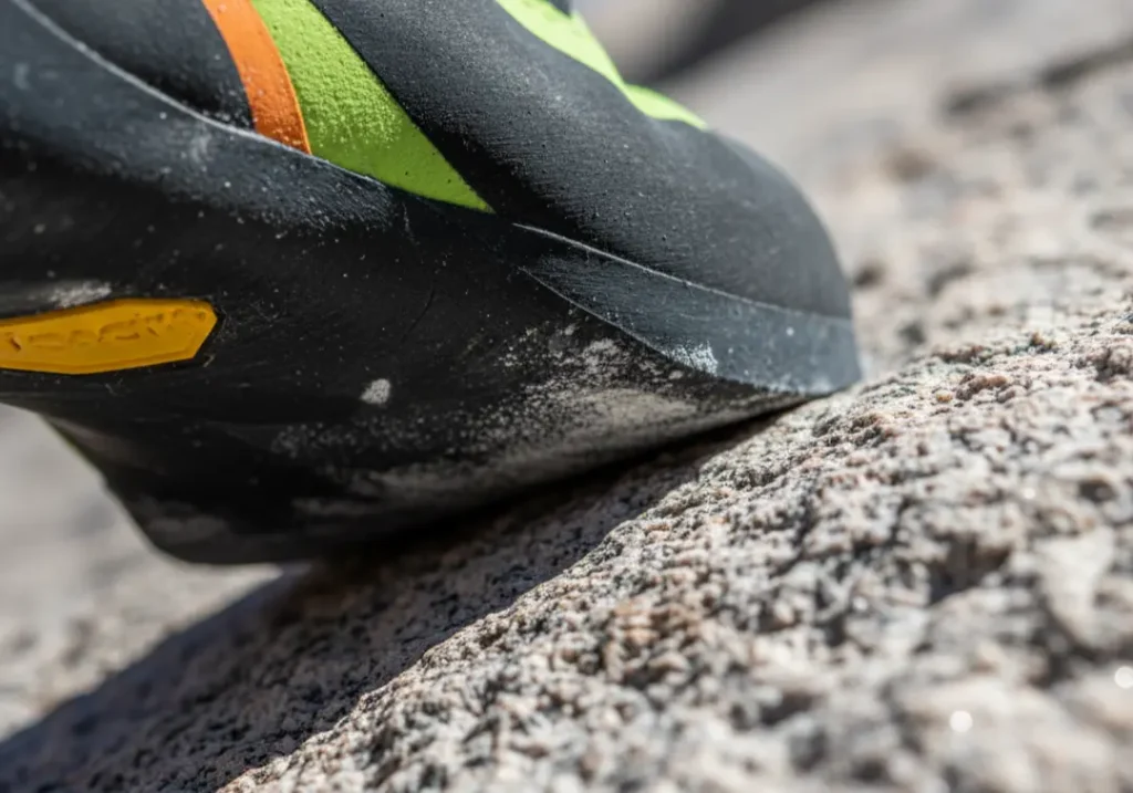 A close-up, detailed photograph of a climbing shoe's sticky rubber sole deforming to grip the micro-textures of a granite rock hold.
