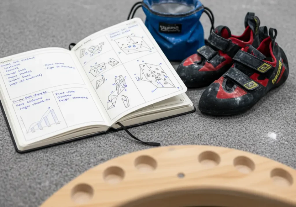 A climber's training journal with performance charts, next to climbing shoes and a hangboard, representing the science behind training.