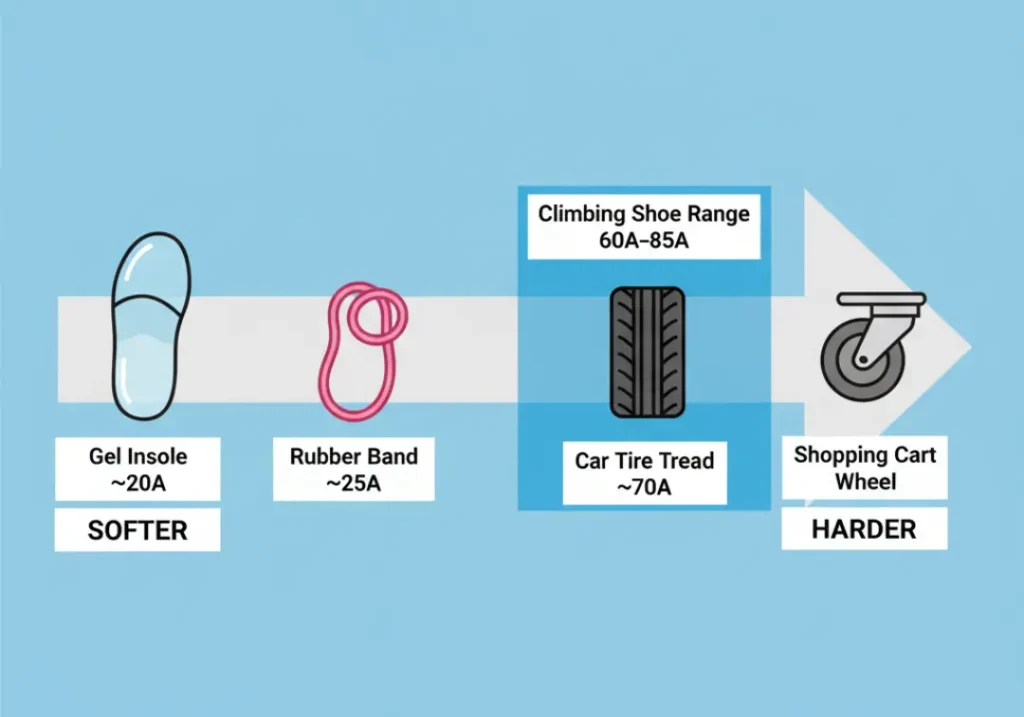 An infographic explaining the Shore A hardness scale, showing the relative hardness of a gel insole, a rubber band, a car tire, and a shopping cart wheel, and highlighting the range for climbing shoe rubber.