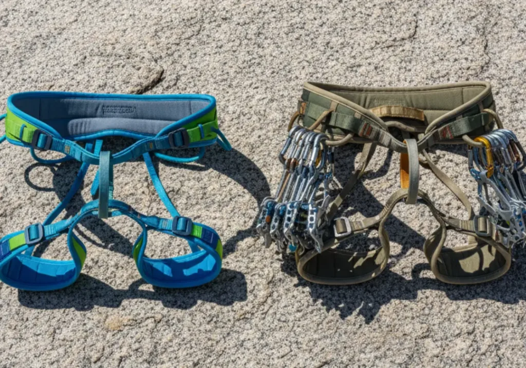 A minimalist sport climbing harness and a robust trad climbing harness laden with gear, laid out side-by-side on a textured rock surface.