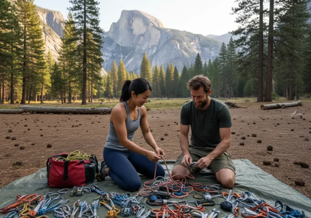 A man and a woman organize their big wall climbing gear on a tarp in a Yosemite campground.