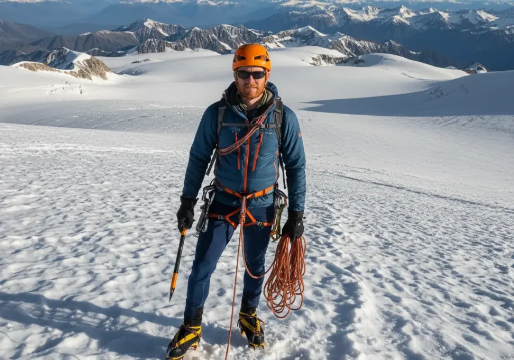 A male climber uses an ice axe and ropes on a steep, exposed snow slope high on a mountain.