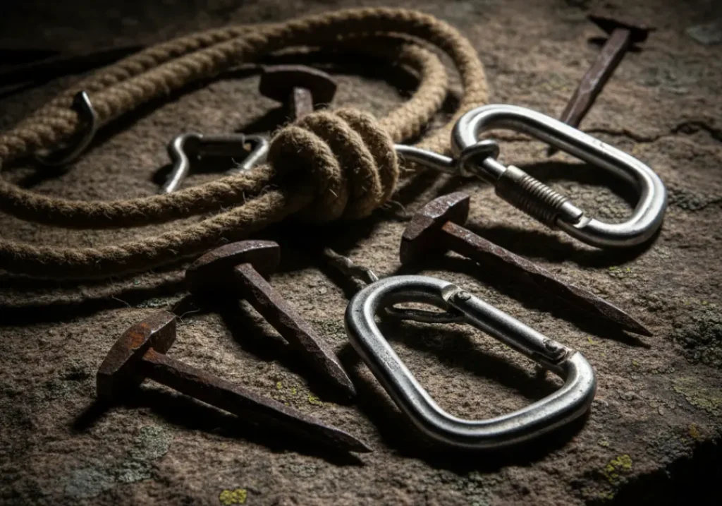 A collection of vintage 1950s climbing gear, including pitons and a hemp rope, arranged on a granite slab.