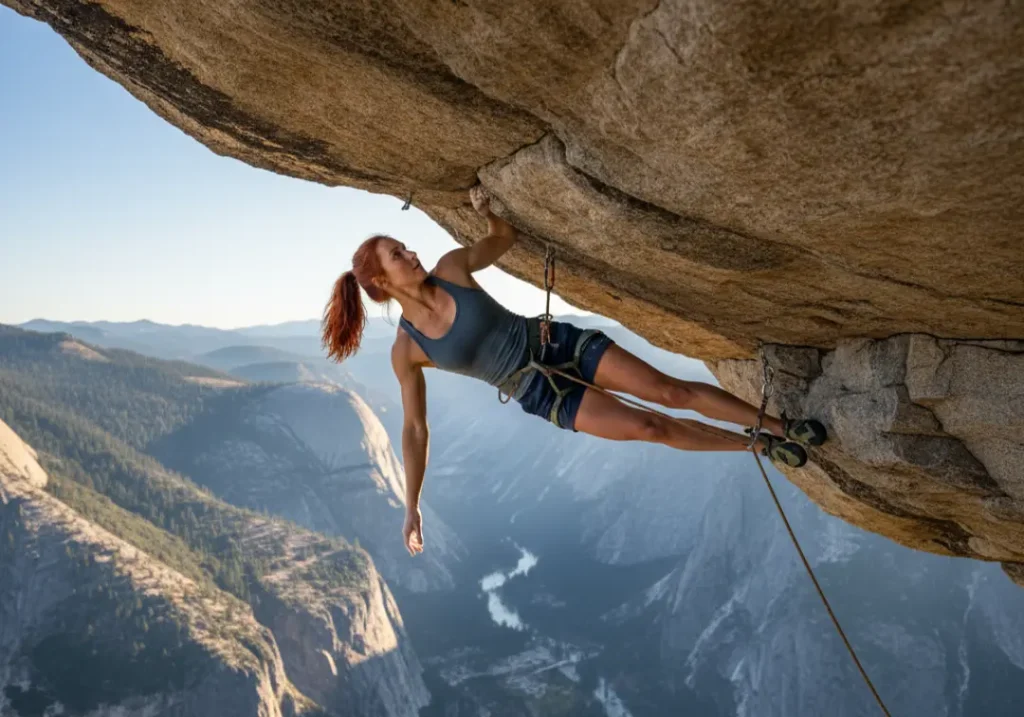 A female free climber makes a difficult move traversing under the massive, overhanging Great Roof on El Capitan.