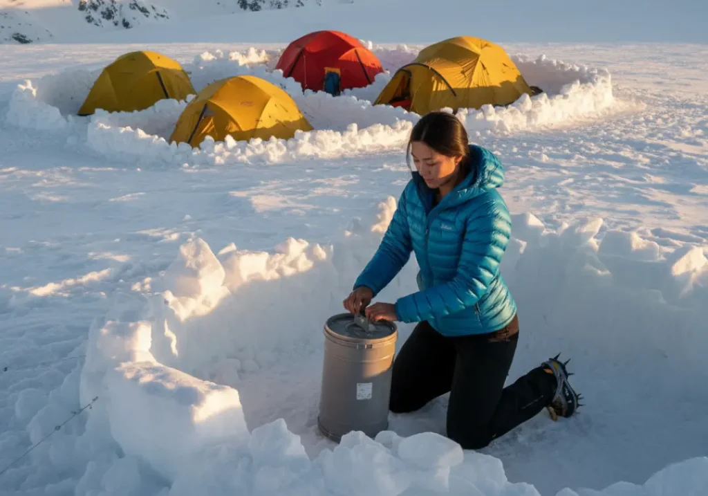 A female climber at a high-altitude camp on Denali practices leave-no-trace ethics by securing a waste container.