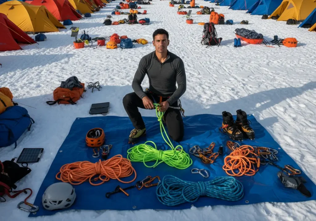 A male climber organizes expedition gear at a glacier base camp with the mountain rising in the background.