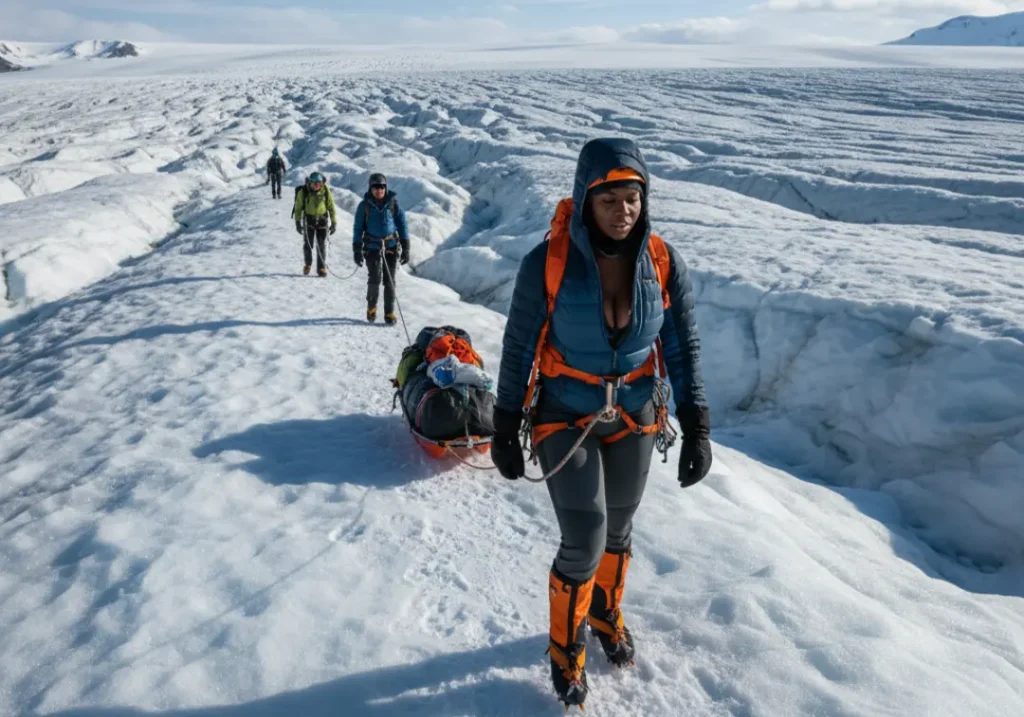 A female climber leads a team, pulling a sled across a vast, snowy glacier during a Denali expedition.
