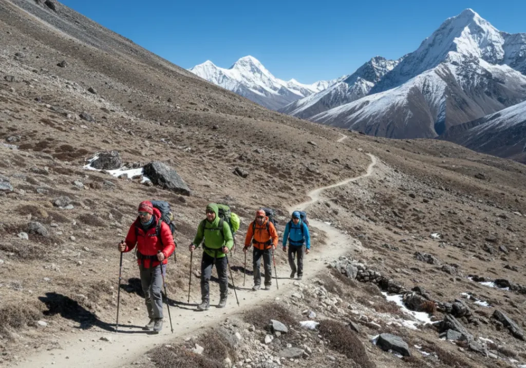 A horizontal line of four trekkers in full gear ascending a winding trail on a vast mountain slope, demonstrating a safe climbing pace.