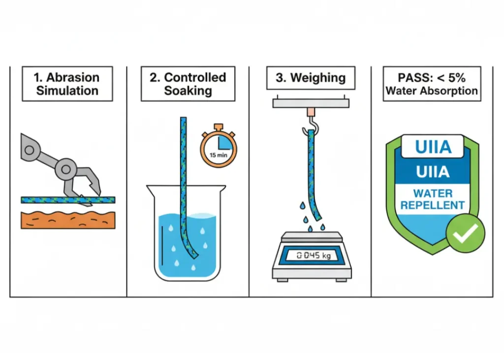 A four-panel infographic explaining the UIAA water repellent test for climbing ropes. The steps shown are abrasion simulation, controlled soaking for 15 minutes, weighing the rope, and the final pass criteria of less than 5% water absorption