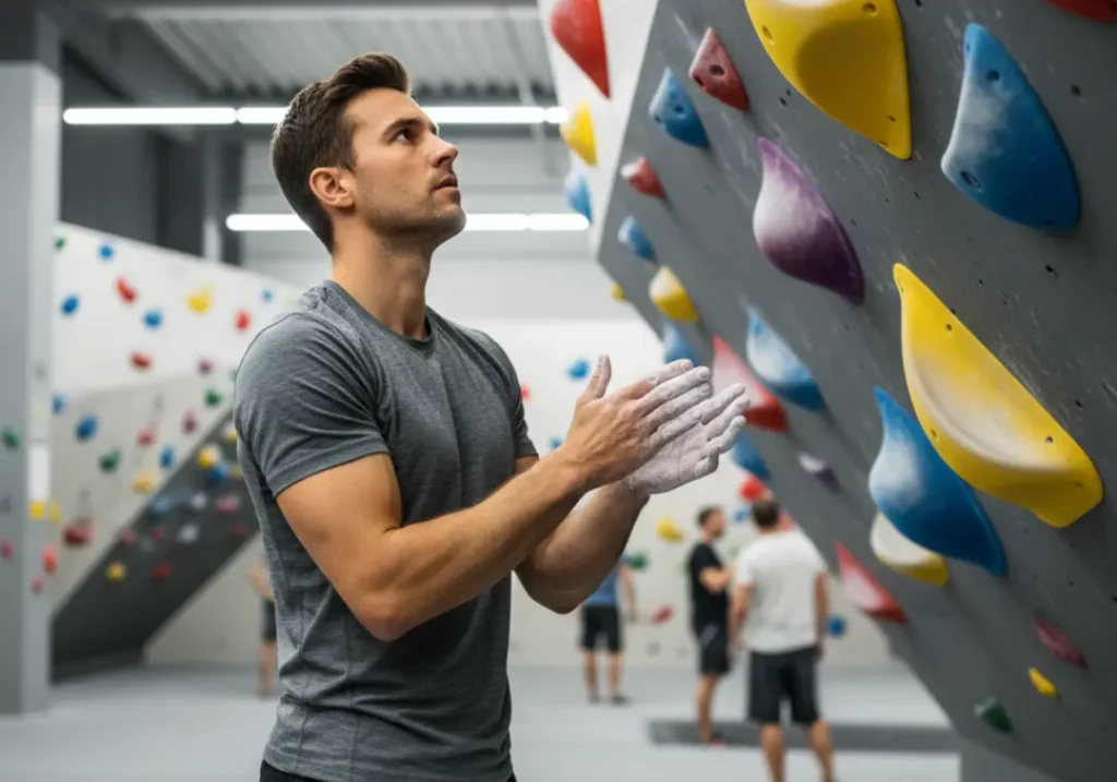 A full-body shot of a male climber in his late 20s contemplating a difficult bouldering problem in a gym, symbolizing the V5 benchmark.