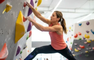 The Science of How to Climb V5: A Proven Training Framework A fit woman in her late 20s in athletic wear executing a challenging move on an indoor bouldering wall, representing the V5 climbing plateau.